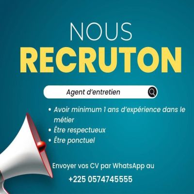 Nous recrutons agents d'entretien